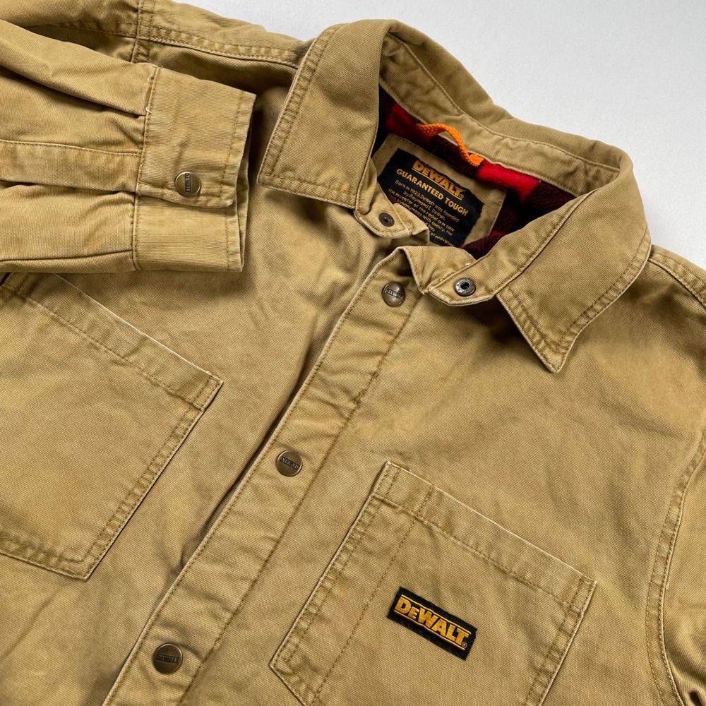 DeWalt Mens Canvas Work Shirt Jacket Tan Plaid Lined Snap Front Size M Flaw